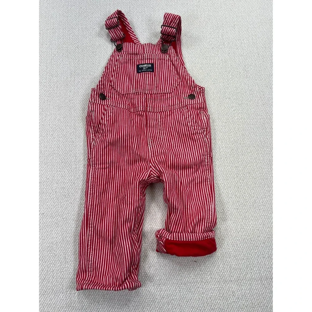 OshKosh B'gosh Overalls Kids 12m Red White Hickory Stripe Jersey Lined Dungarees